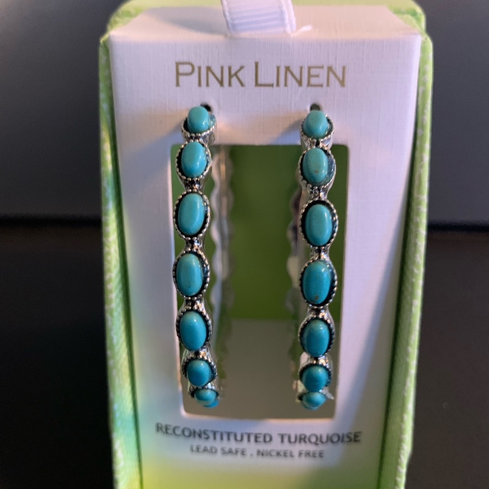 Blue Dangle Earrings with Turquoise Stones in Linear Design